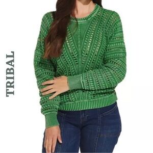 Tribal Green Cotton Open Knit Sweater XS NWT